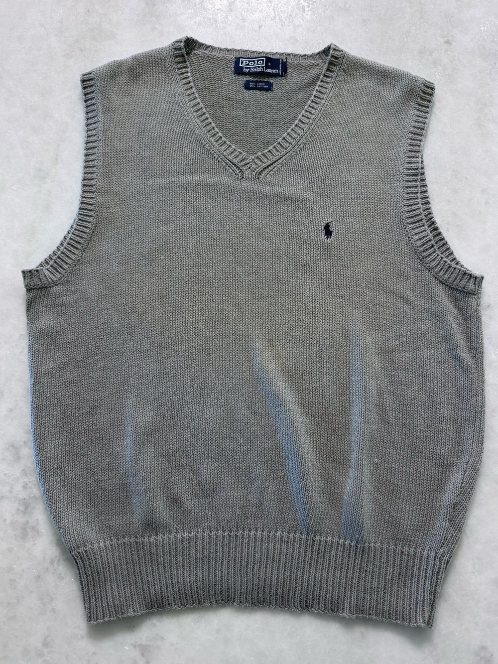 Vintage Polo Ralph Lauren Gray V-Neck Knit Sweater Vest with Navy Pony Preppy M